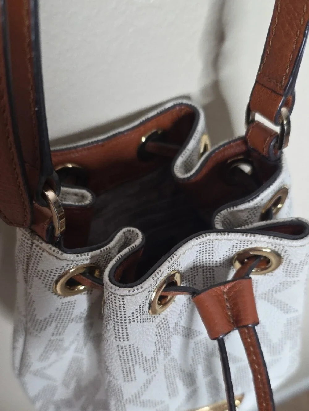 Michael Kors Vanilla Small MK Logo Canvas Fulton Drawstring Crossbody Bucket Bag